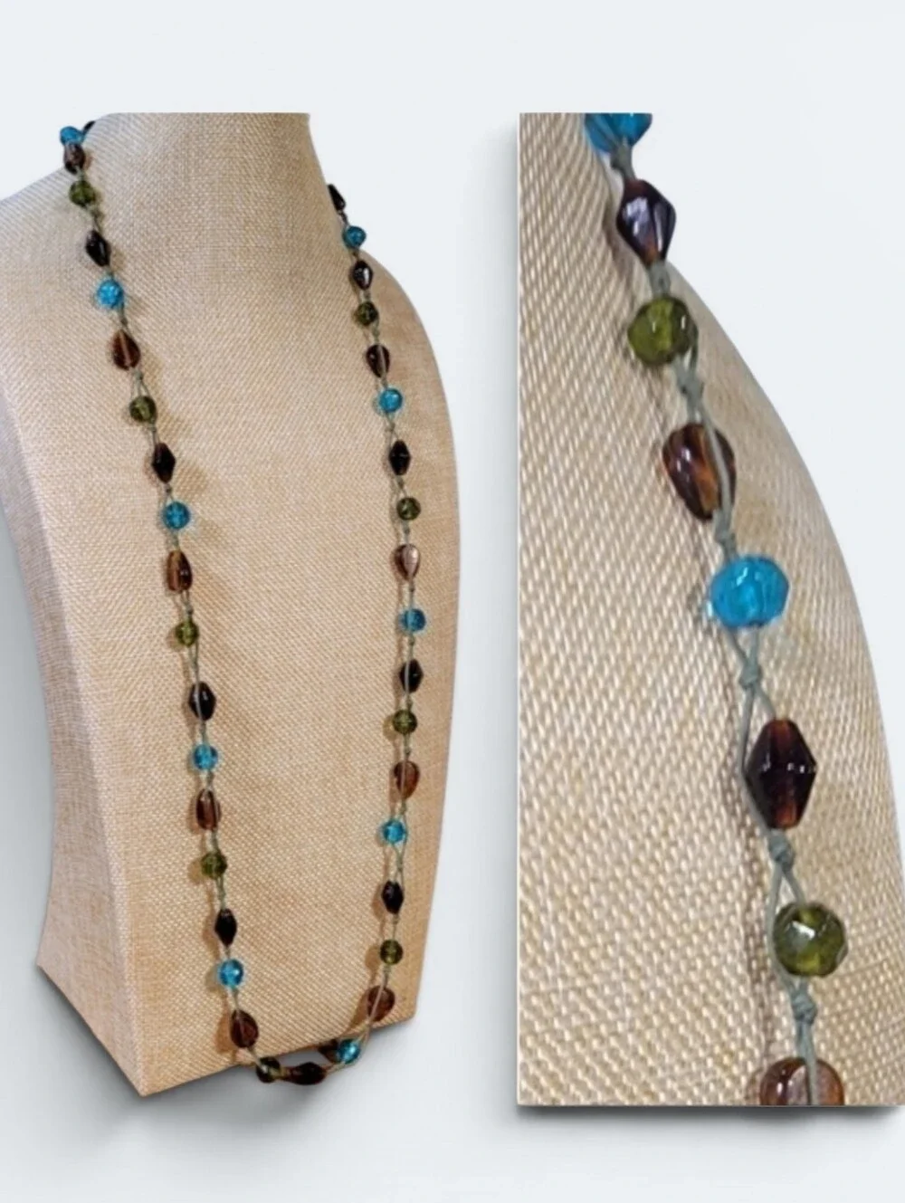 Long beaded Necklace Embroidered Strand Pull over Summer Brown Green Blue Aqua